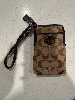 Coach Tan & Brown Signature Canvas Wristlet Phone Case